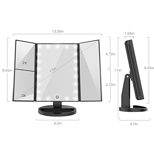 BESTOPE Makeup Vanity Mirror with 3x/2x Magnification,Trifold Mirror with 21 Led Lights,Touch Screen, 180° Adjustable Rotation,Dual Power Supply, Countertop Cosmetic Mirror (Black) - Thumbnail 3