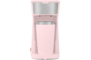 Holstein Housewares Personal Coffee Maker with 14oz Travel Mug – Compact One-Touch Brew Machine with Reusable Filter, Auto Shut-Off, Non-Stick Plate, Ideal for Home, Office, or Dorm. Pink