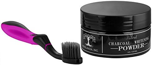 Herblandia Activated Charcoal Whitening Powder DESTROYS BAD BREATH COFFEE TEA STAINS - 30gm /1 oz. Bundle with Flossing Bristles Toothbrush 45 Holes (randomly picked color) - 1 pcs