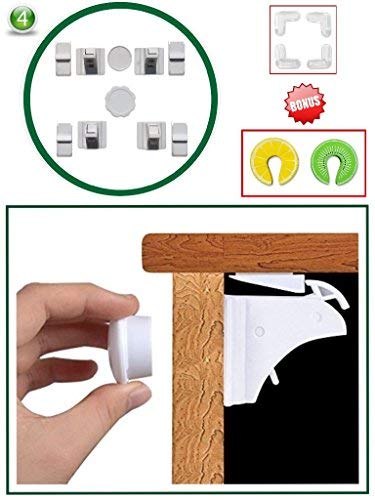 Emerald Tots Magnetic Baby Safety Cupboard Locks & Bonus Baby proof Kit (4+1 key)| Child, Infant, Baby Home Safety | Invisible Cupboard Support | Bonus Corner Protectors & Door Finger Safes (15-Piece Set)