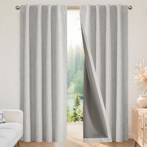 Joydeco 100% Blackout Curtains for Bedroom - Natural Linen Curtains 100" Wx 108" L Long, Thermal Insulated 1 Panels Greyish White Light Blocking Drapes, Rod Pocket & Back Tabs for Living Room at Amazon