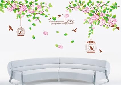 Onehouse Amour Citation Large Branche Feuilles D Arbres De Fleurs Avec Oiseaux Et Cage A Oiseaux Stickers Muraux Home Decor Autocollant Amazon Fr Cuisine Maison
