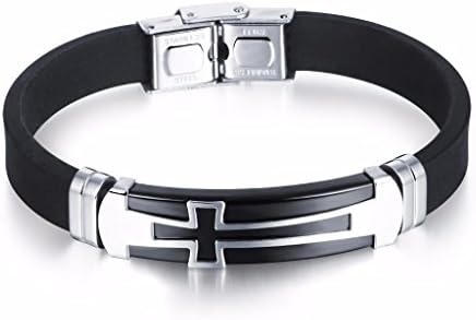 JRUI Jewelry Men's Stainless Steel Religious Black Rubber Cross Bracelet Lord's Prayer Bracelet