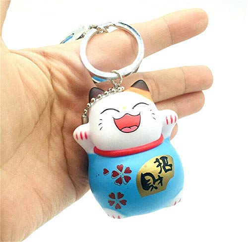 LinaLife Multi-Purpose Blue Hand Wrist Strap with Bell Maneki Neko Fortune Lucky Beckoning Cat Keychain Accessories Superstar Favorite for Cellphone Ornaments Coin Purse Keyring Bag