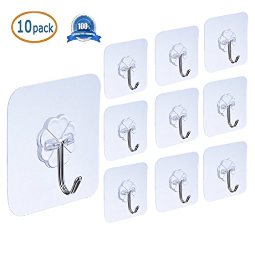 Ecjiuyi 10 Packs Reusable Adhesive Hooks,Transparent Heavy Duty Wall Hooks with No Scratch, Waterproof and Oilproof for Bathroom, Bedroom, Kitchen, Refrigerator Door, Wall and Ceiling - Thumbnail 6