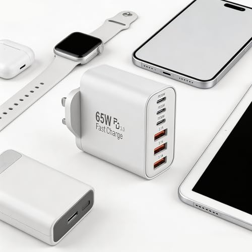 USB C Plug, 65W USBC Wall Fast Charger, Type C iPhone USB C Charger Fast Charging, 6-Port Multi Charger UK Plug Power Adapter for iPhone 17/16/15/14/13/12/11/Pro Max/Plus/Air, iPad mini/Pro, S26/S25
