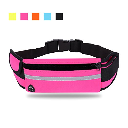 Running Belt,Adjustbale Fitness Belt with Water bottle, Waterproof Reflective Zipper Waist Pack for Runners, Race, Marathon, Hiking … (Pink)