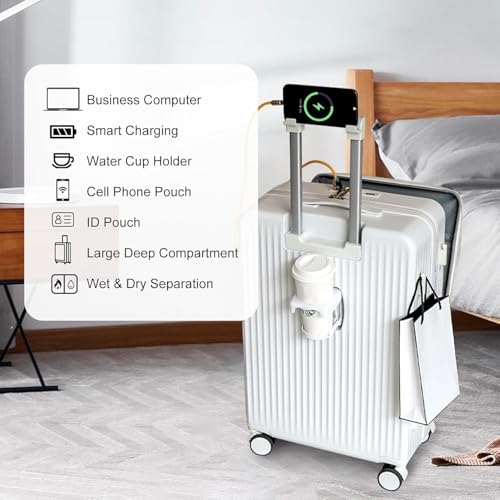 Carry-on Suitcase with Front Pocket for 15.6in Laptop, Mobile Phone Water Cup Holder Luggage Suitcase with Side Hooks, USB Type-C Interface Carry on Luggage for Travel(D)