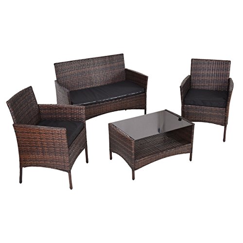 Outdoor Patio Furniture Set Table Shelf Loveseat and 2 Single Sofa Rattan with Black Cushions