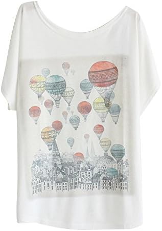 Haogo Women's Fire Ballon Print Short Sleeve T-shirt Tops White