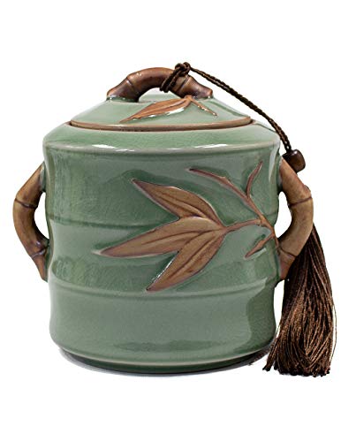 Dahlia Vintage Crackle Glaze Celadon Handcrafted Porcelain Tea Storage/Tea Caddy with Tassel, Bamboo Dahlia Vintage Crackle Glaze Celadon Handcrafted Porcelain Tea Storage/Tea Caddy with Tassel, Bamboo