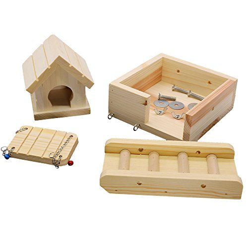 Natural Wood House Bed with Balcony For Hamster Mice Chinchilla Chipmunk, Small Animals Habitat Toy Set HM-TS-04