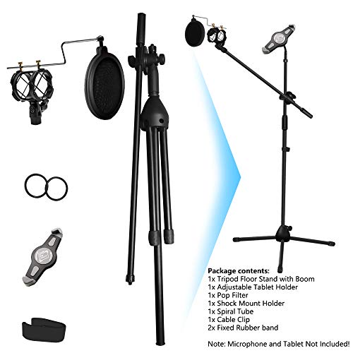 Microphone and Tablet Tripod Boom Stand Kit, Kasonic 2-in-1 Adjustable Studio Mic Stand with Tablet Holder Suitable for 7 to 12 Inch iPad and Tablet