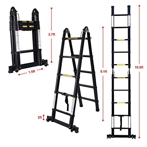 charaHOME Aluminum Telescoping Ladder 10.5ft Multipurpose A-Frame Folding Telescopic Extension Ladder Lightweight Portable Telescope Ladder Folding with Support Bar Non-Slip 330 lb Load Capacity
