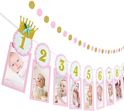 1st Birthday Girl Decorations | Monthly Milestone Photo Banner with Pink and Gold Paper Garland | First Birthday Decorations