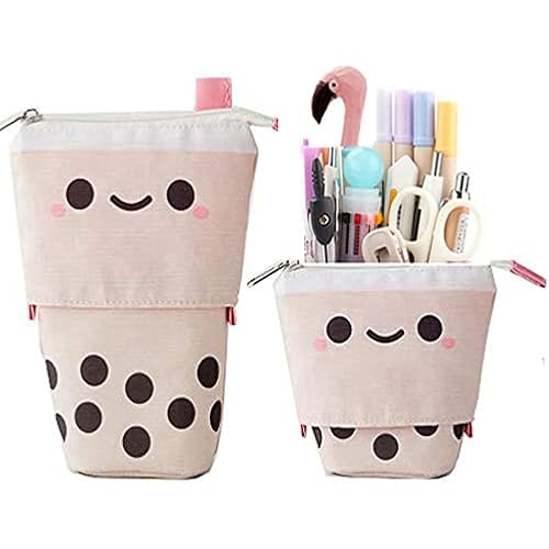 Friinder Cute Pen Pencil Telescopic Holder Pop Up Stationery Case, Stand-up Transformer Bag with Smile Face Dot Organizer, Great for Cosmetics Pouch Makeup Bag(Beige）