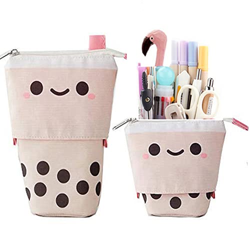 Friinder Cute Pen Pencil Telescopic Holder Pop Up Stationery Case, Stand-up Transformer Bag with Smile Face Dot Organizer, Great for Cosmetics Pouch Makeup Bag(Beige）