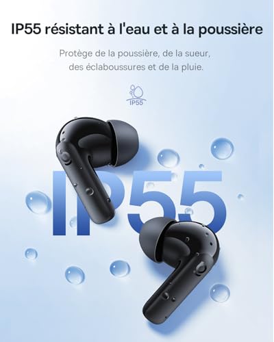 EP10 NC Écouteurs Bluetooth sans Fil, Ecouteurs sans Fil avec Réduction de Bruit Actif à -43dB, 24 Modes EQ, Conducteurs 12mm, SuperBass, 4-Mic AI pour Appels Clairs, IP55, 41H, Bluetooth 6.0