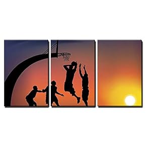 3 Piece Canvas Wall Art - Vector - Basketball Game - Modern Home Art Stretched and Framed Ready to Hang - 16"x24"x3 Panels