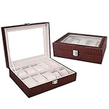 Brown Crocodile Leather 10 Mens Watch Box Jewelry Storage Display Case with Glass Top Window