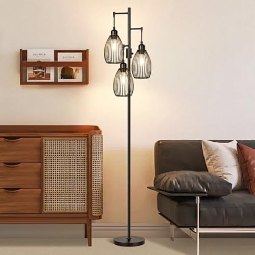 WAMBORY Dimmable Floor Lamp, 3 x 6W LED Bulbs Included, Farmhouse Industrial Floor Lamp with Rotary Switch, Vintage Tree Lamp with Elegant Teardrop Cage, Tall Standing Lamps for Living Room Bedroom
