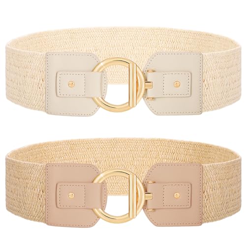 2 Pack Women Straw Woven Elastic Stretch Belt, Ladies Summer  display picture 1