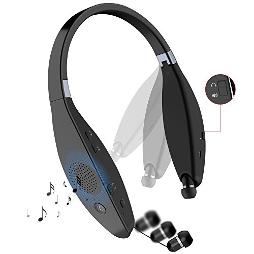 Wireless Headphone Speaker, Foldable Bluetooth Neckband Headphone Retractable Bluetooth Headset with Built-in Wireless Speaker & Mic, Handsfree Calling Noise Cancelling (Black)