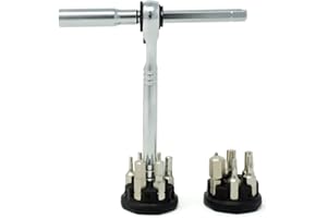 Prestacycle Pro T-Handle Ratchet Kit with (12) S2 Bits and (2) Round Bit Holders – Compact Desktop/Benchtop 3-Way Ratchet Tool, Reversible Thumb-Wheel, 60Nm Heavy-Duty Torque