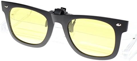 JAKY Reflective Lens Spring Metal Clip on Flip up Wayfarer Polarized Sunglasses (Black Frame Night Vision Lens, Yellow)