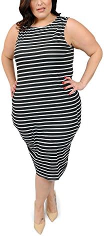 Plus Size Cotton Spandex Allover Printed Striped Club Dress, White/Black, 3X Plus