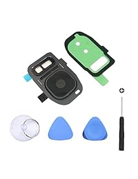 EMien - Tapa trasera de cristal para cámara + bisel para cámara trasera con adhesivo + cubierta para flash preinstalada piezas de repuesto + destornillador de reparación para Samsung Galaxy S7 S7 Edge, Negro