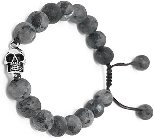 Men Women 8mm Natural Stone Real Sandstone Stainless-Steel Skull Charm Beads Bracelet (Style5)