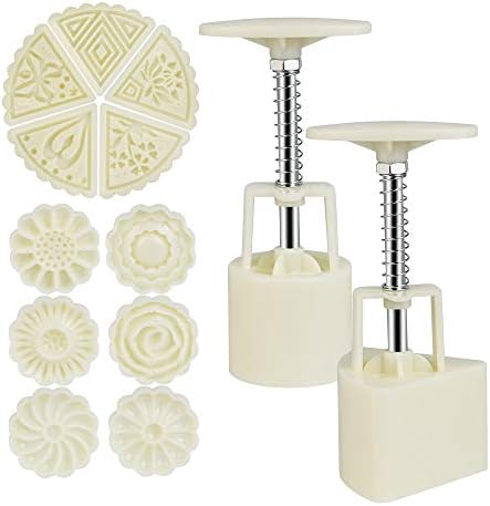 TANCUDER 13 PCS Mooncake Mold,2 Hand Pressure Maker Mould and 11 Flower Mode Stamps Plunger Kit Plastic Cookie Stamps Press Cake Cutter Kitchen DIY Baking Decorating Tools Bakeware Gadget (50g)