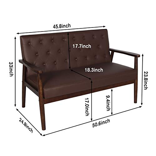 MidCentury Modern Faux Leather Loveseat Chair Wooden Arm 2Seater