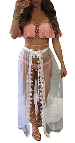 Farktop Women's Sexy Open-Front Sheer Mesh See Through Lace Bikini Cover Up Maxi Skirt