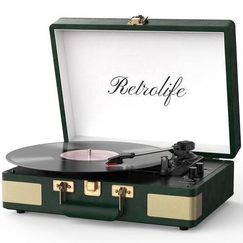Retrolife Record Player 3 Speed Suitcase Design Bluetooth, Dark Green