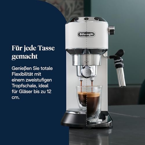 Dedica Style - Perfetto Kompakte Siebträgermaschine Espressomaschine mit Tasten, manuellem Milchaufschäumer für Espresso und Cappuccino, ESE Pad geeignet, 15cm breit, Weiß (EC685.W)