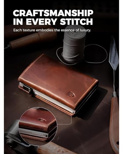 LORZOR Men's Pop Up Wallet RFID Blocking Full Grain Leather Card Holder, Slim Minimalist Bifold with ID Window and Emergency Retrieval Slot (Vintage Brown/Silver)