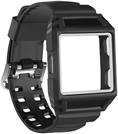 Huamecl Frame Rugged Protective Case with Soft Silicone Wristband Sport Strap for Fitbit Ionic Smartwatch Band-Black+White(tracker is not included)