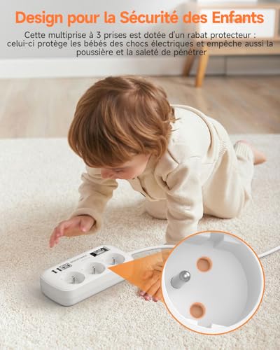 3 M Electric Extension Cord with 4 USB (2 USB-C), 3 Sockets with Switch, Wall Mount Surge Arrester for Home Office, White 16A/4000W