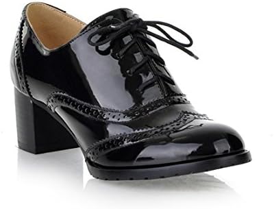 Mostrin Women's Lace up Wingtip Oxford Shoes Classic Fashion Patent Leather Chunky Heel Bootie