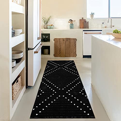 HAOCOO Tappeto passatoia marocchino lavabile, 5 x 1,8 m, moderno, geometrico, per corridoio, cucina in cotone intrecciato, area nera, per ingresso, camera da letto, lavanderia, soggiorno