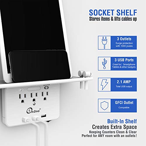 2020 Shelf Socket - ON2NO Wall Outlet Shelf, Extra-Large Shelf with 3 Electrical Outlet, 3 USB Ports and Smart Night Light, Cable Holder and Headphone Hanger