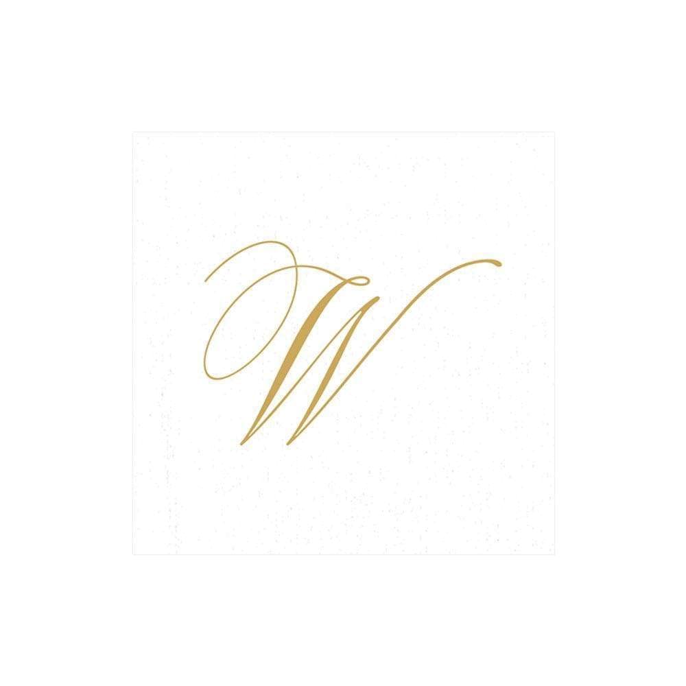 Caspari Signature Gold Initial W Paper Linen Cocktail Napkins, White Pearl, Pack of 30
