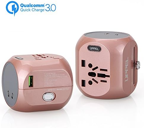 Travel Adapter with QC3.0, UPPEL Universal Power Plug, International Wall Charger All in One Worldwide AC Socket Converters with USB Port for US, AU, Asia, EU, UK and Over 150 Countries(Rose Gold)