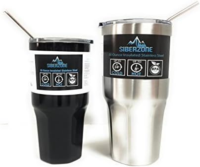 SiberZone Tumblers 2-Pack 20 oz, 30 oz Double-Wall Insulated Stainless Steel Travel Mug Cup Bundle with 2 Lids, 2 Straws, Cleaning Brush (Sweat Proof, Up to 24 Hrs Cold, 8 Hrs Hot) (Black-Sliver)