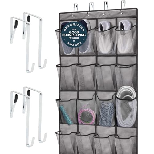 GORILLA GRIP Over the Door Shoe Organizer, 24 Large Pockets, Gray