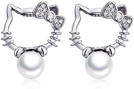 S925 Sterling Silver Lovely Hello Kitty Platinum-Plated Pearl Stud Earrings
