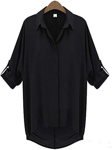 Jamemcabin Casual Blouse Shirt Chiffon Blouse Sleeve Turn-Down Collar Solid Blouse Plus Size Black S
