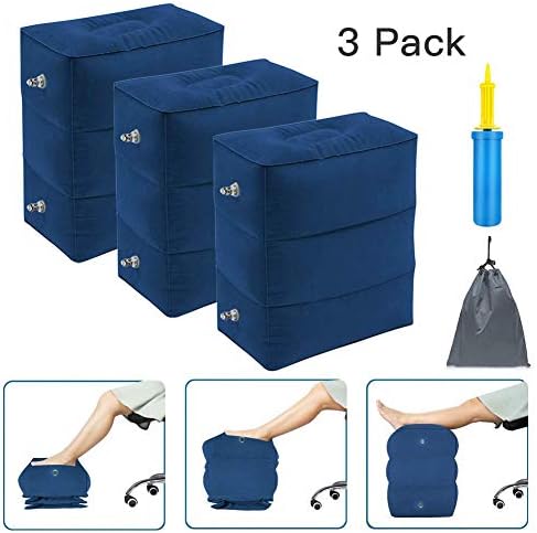 MEILE Travel Foot Rest Pillow, Portable Inflatable with Double Hand Pump Adjustable Three Layers Height Pillow for Foot Rest on Airplanes,Cars,Buses,Trains,Office Kids to Sleep (Blue,3 Pack)